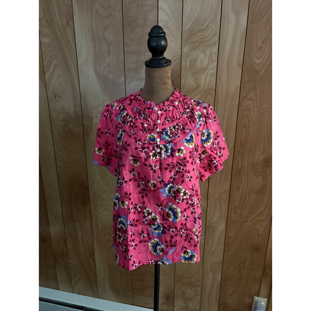 LOFT Pink Floral Ruffle Neck Short Sleeve Blouse XS Cotton Rayon 607650 New